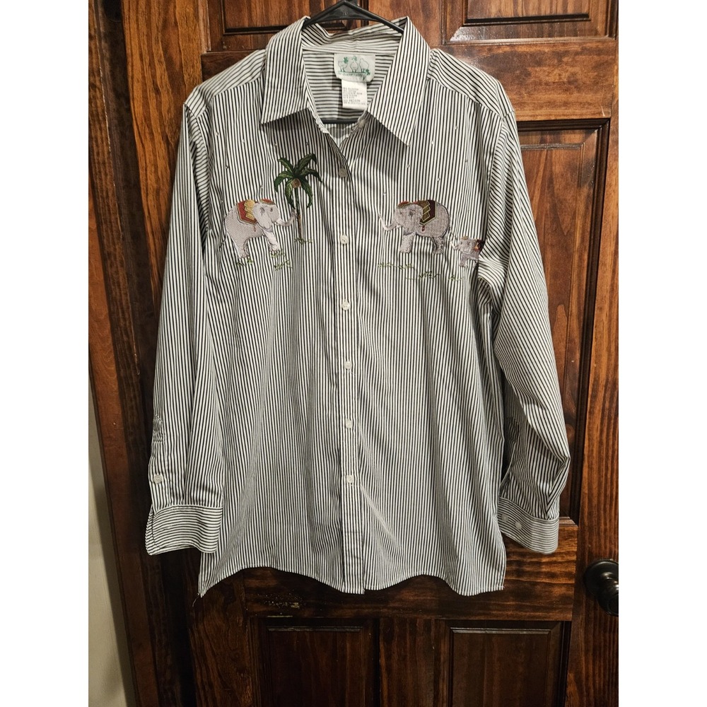 Quacker Factory Vintage Safari Elephant Button Blouse Embellished Medium Striped